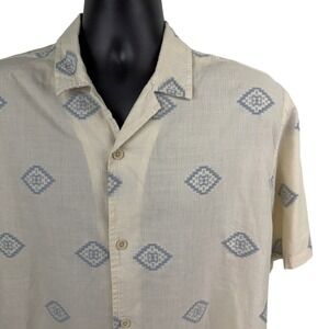Folk Mens XL Short Sleeve Button Down Shirt Cream Blue Geometric Diamond Cotton